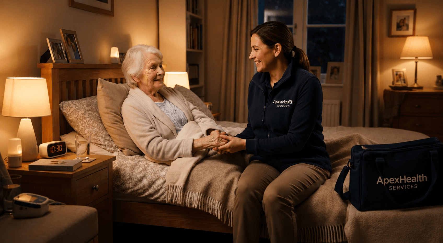 ApexHealth caregiver offering overnight support in a home