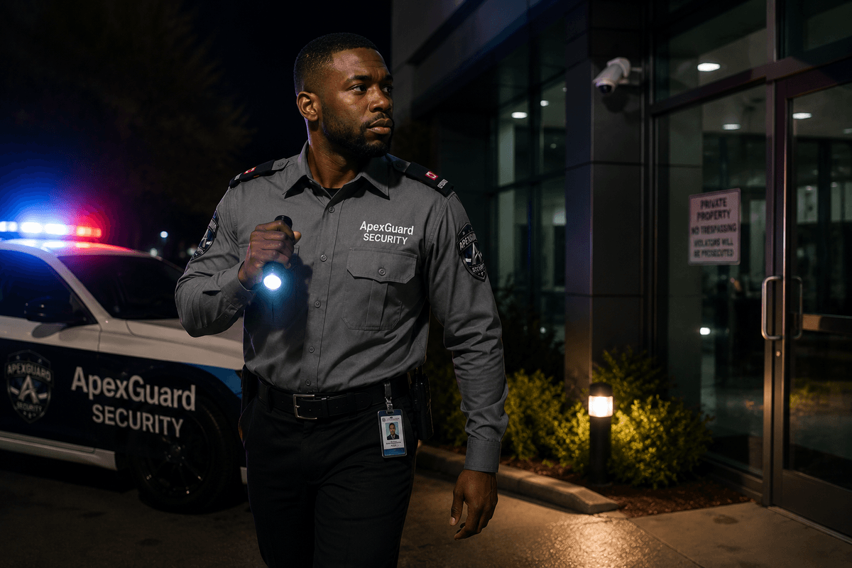 ApexGuard officer responding to alarm at night