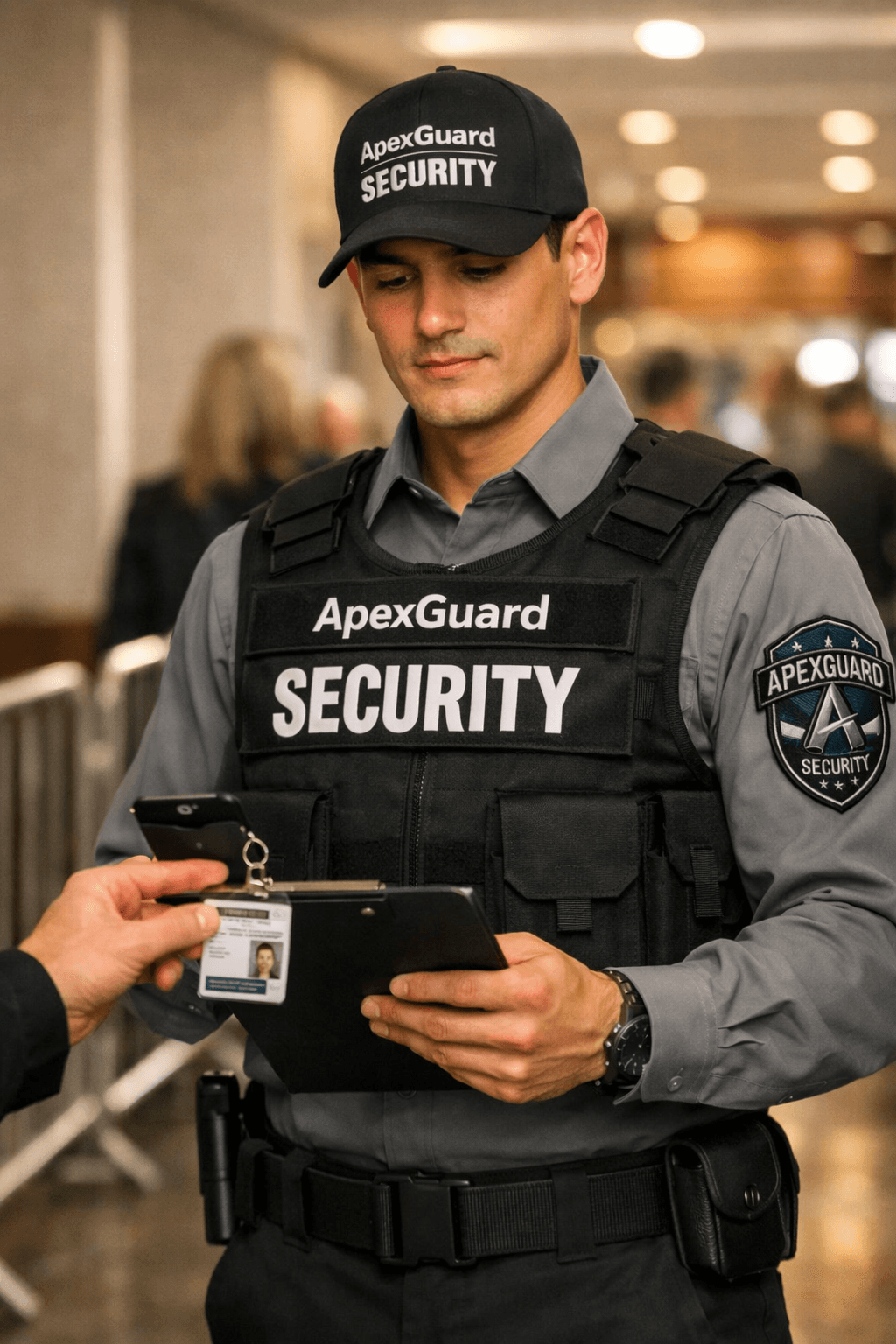 ApexGuard security officer checking credentials at event entrance